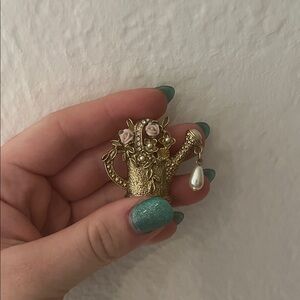 Gold Watering Can Brooch with Pink Flowers